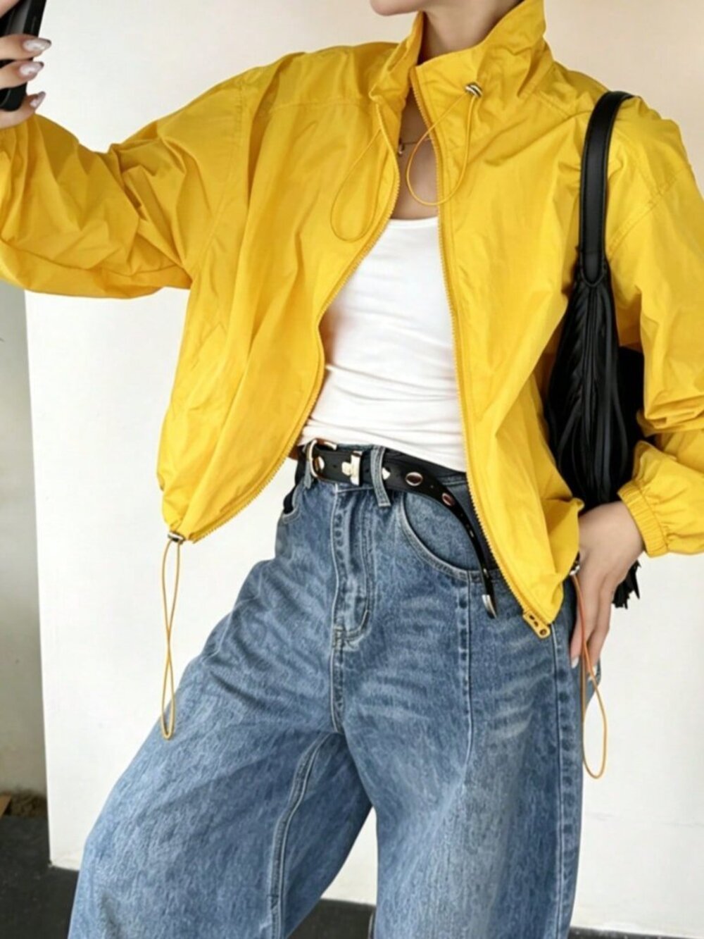Yellow Casual Women's Loose Fit Short Zip Funnel Collar Lightweight Jacket - Picture 5 of 8